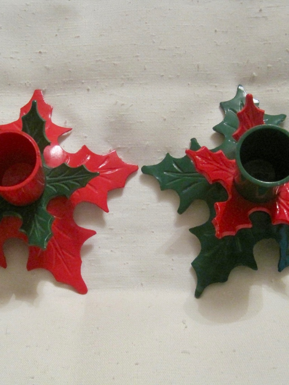 Christmas Traditional Red & Green Holly Leaves, Metal, Candlesticks Holders.